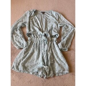 Nordstrom Romper Tie Front‎ Long Sleeve Pom Pom Detail Blue Size S